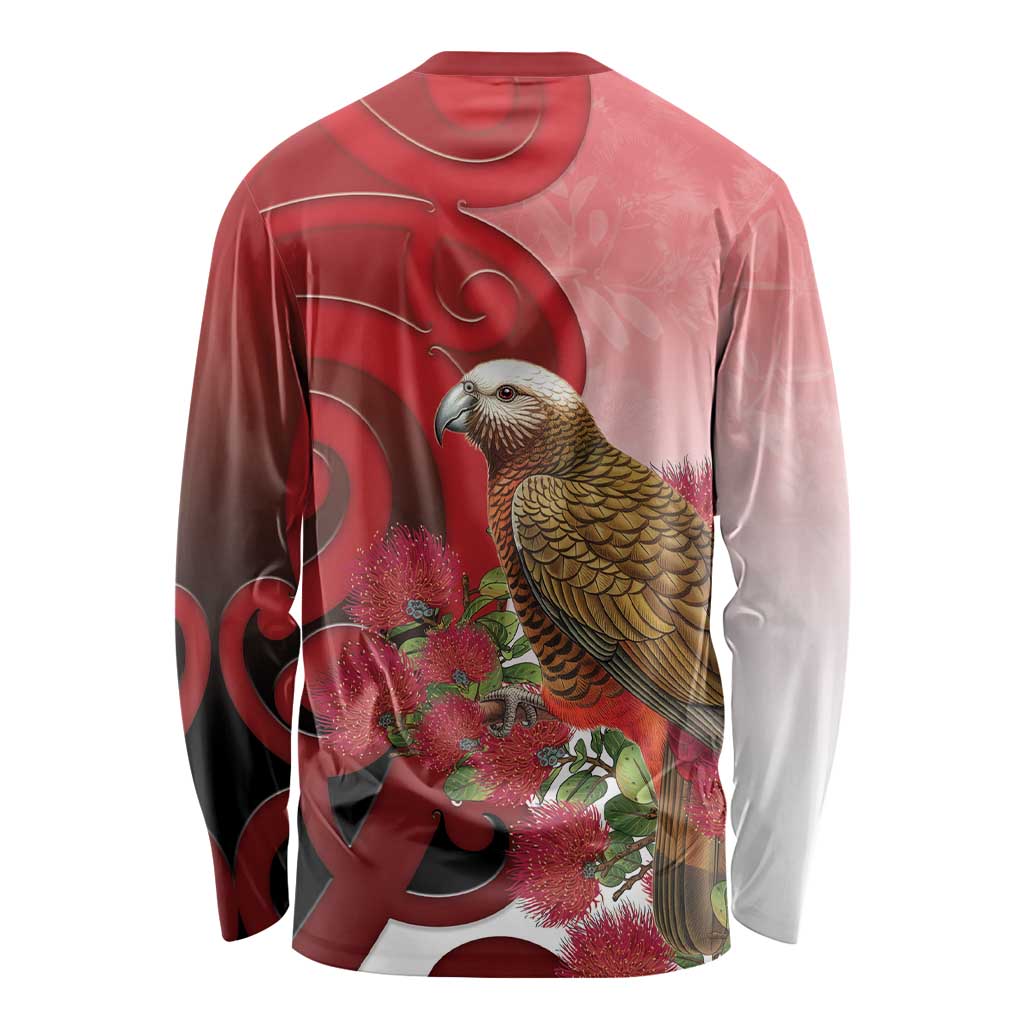 New Zealand Parrot Kaka Long Sleeve Shirt Maori Koru With Pohutukawa Flowers - Aussie Hoodie