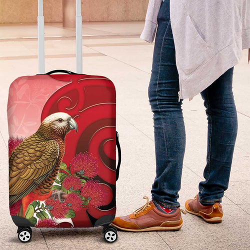 New Zealand Parrot Kaka Luggage Cover Maori Koru With Pohutukawa Flowers - Aussie Hoodie