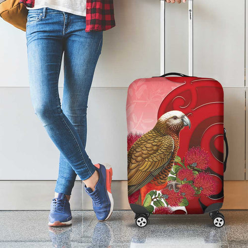 New Zealand Parrot Kaka Luggage Cover Maori Koru With Pohutukawa Flowers - Aussie Hoodie