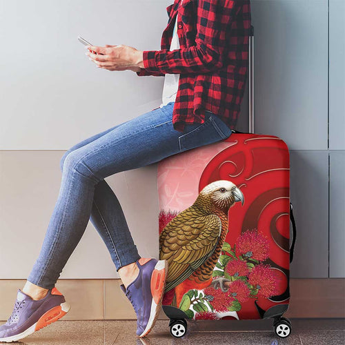 New Zealand Parrot Kaka Luggage Cover Maori Koru With Pohutukawa Flowers - Aussie Hoodie