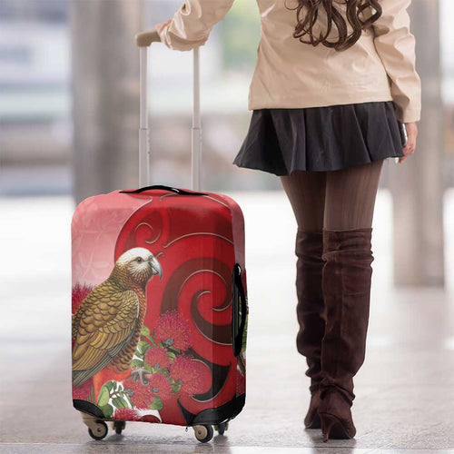 New Zealand Parrot Kaka Luggage Cover Maori Koru With Pohutukawa Flowers - Aussie Hoodie