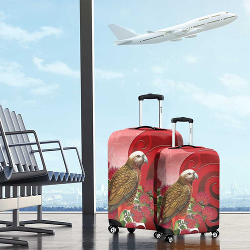 New Zealand Parrot Kaka Luggage Cover Maori Koru With Pohutukawa Flowers - Aussie Hoodie