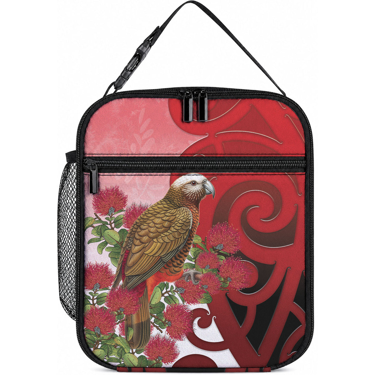 New Zealand Parrot Kaka Lunch Bag Maori Koru With Pohutukawa Flowers