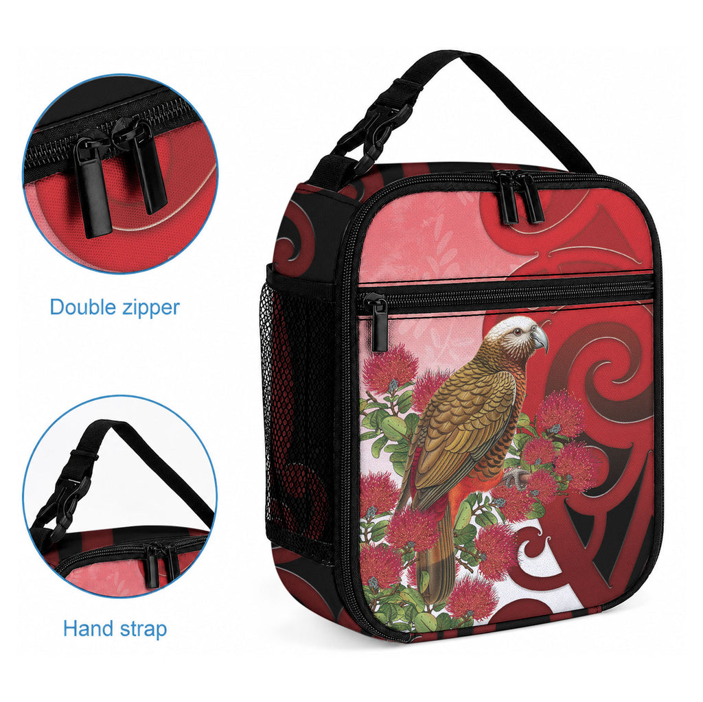 New Zealand Parrot Kaka Lunch Bag Maori Koru With Pohutukawa Flowers