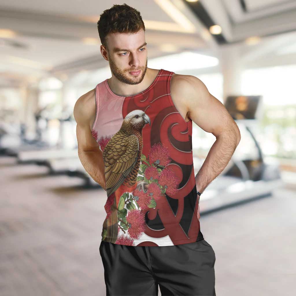New Zealand Parrot Kaka Men Tank Top Maori Koru With Pohutukawa Flowers - Aussie Hoodie