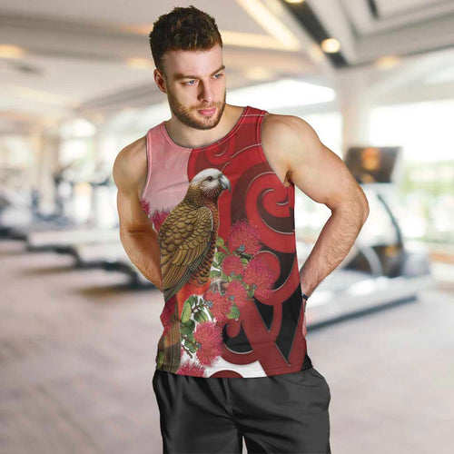 New Zealand Parrot Kaka Men Tank Top Maori Koru With Pohutukawa Flowers - Aussie Hoodie