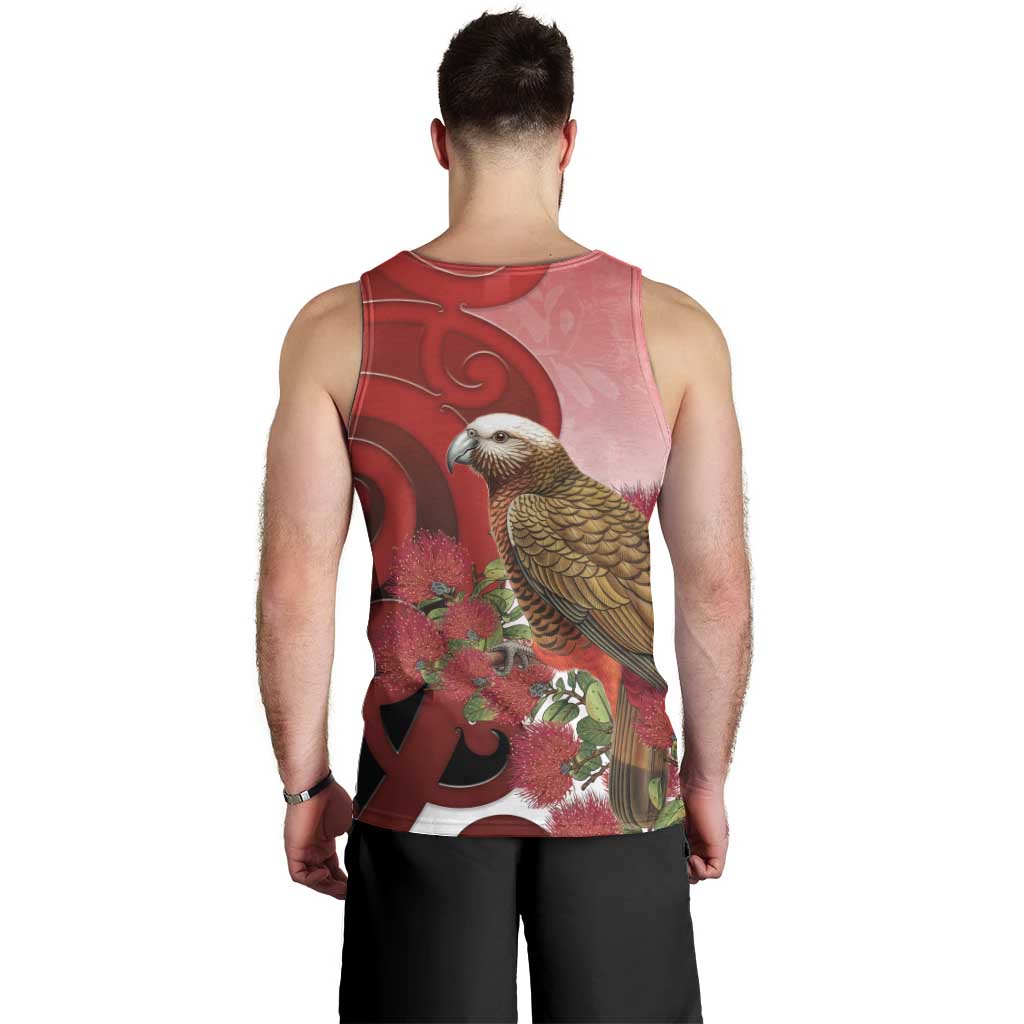 New Zealand Parrot Kaka Men Tank Top Maori Koru With Pohutukawa Flowers - Aussie Hoodie