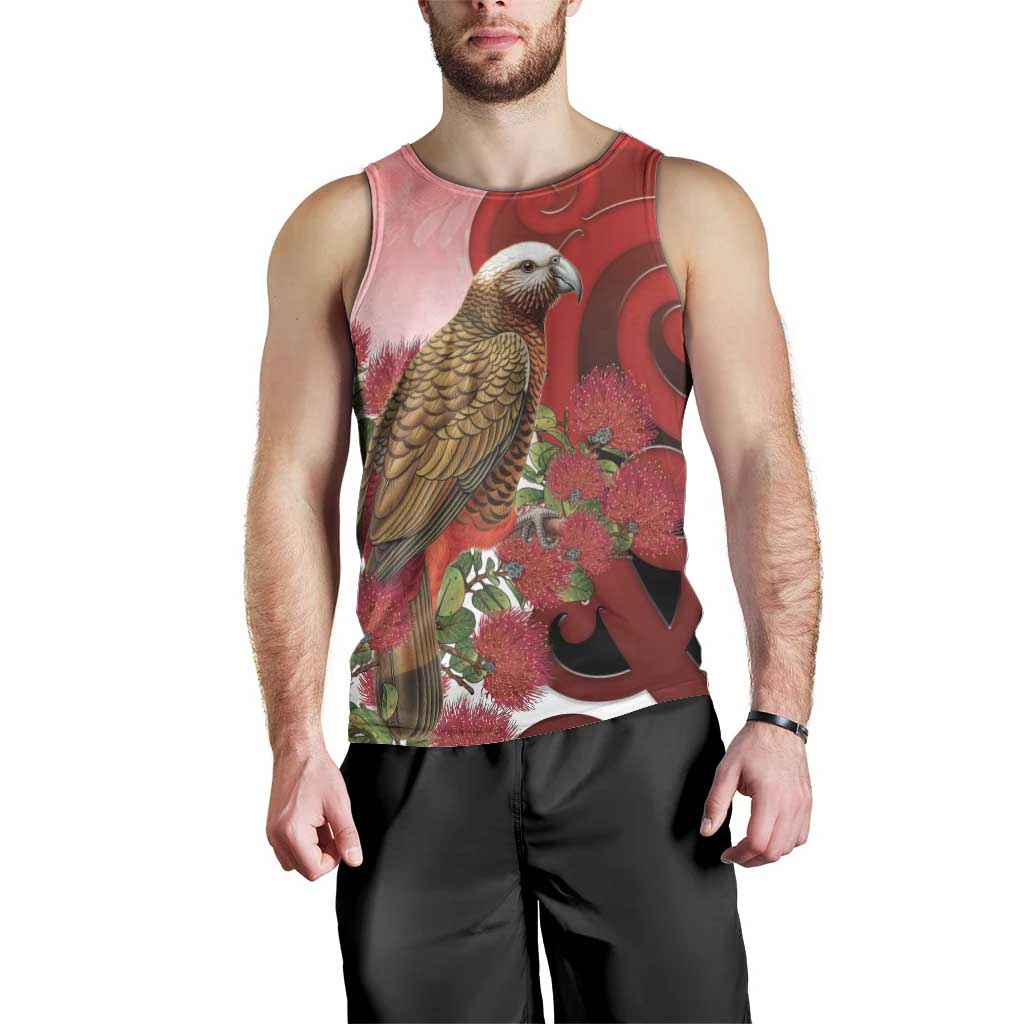 New Zealand Parrot Kaka Men Tank Top Maori Koru With Pohutukawa Flowers - Aussie Hoodie