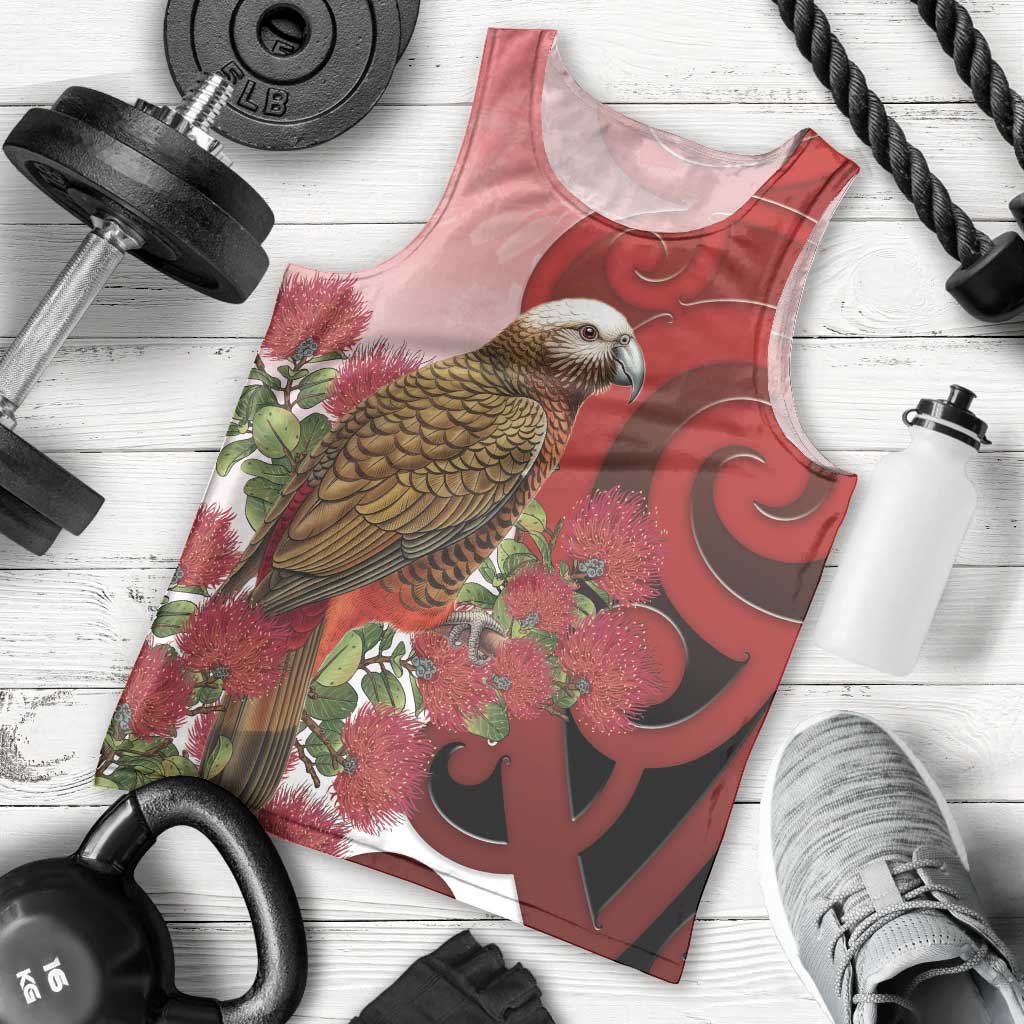 New Zealand Parrot Kaka Men Tank Top Maori Koru With Pohutukawa Flowers - Aussie Hoodie