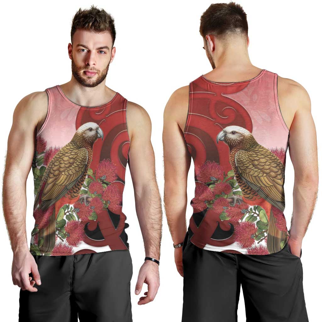 New Zealand Parrot Kaka Men Tank Top Maori Koru With Pohutukawa Flowers - Aussie Hoodie