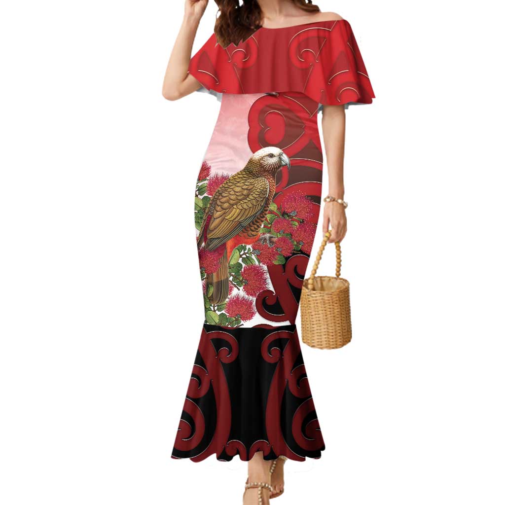 New Zealand Parrot Kaka Mermaid Dress Maori Koru With Pohutukawa Flowers - Aussie Hoodie