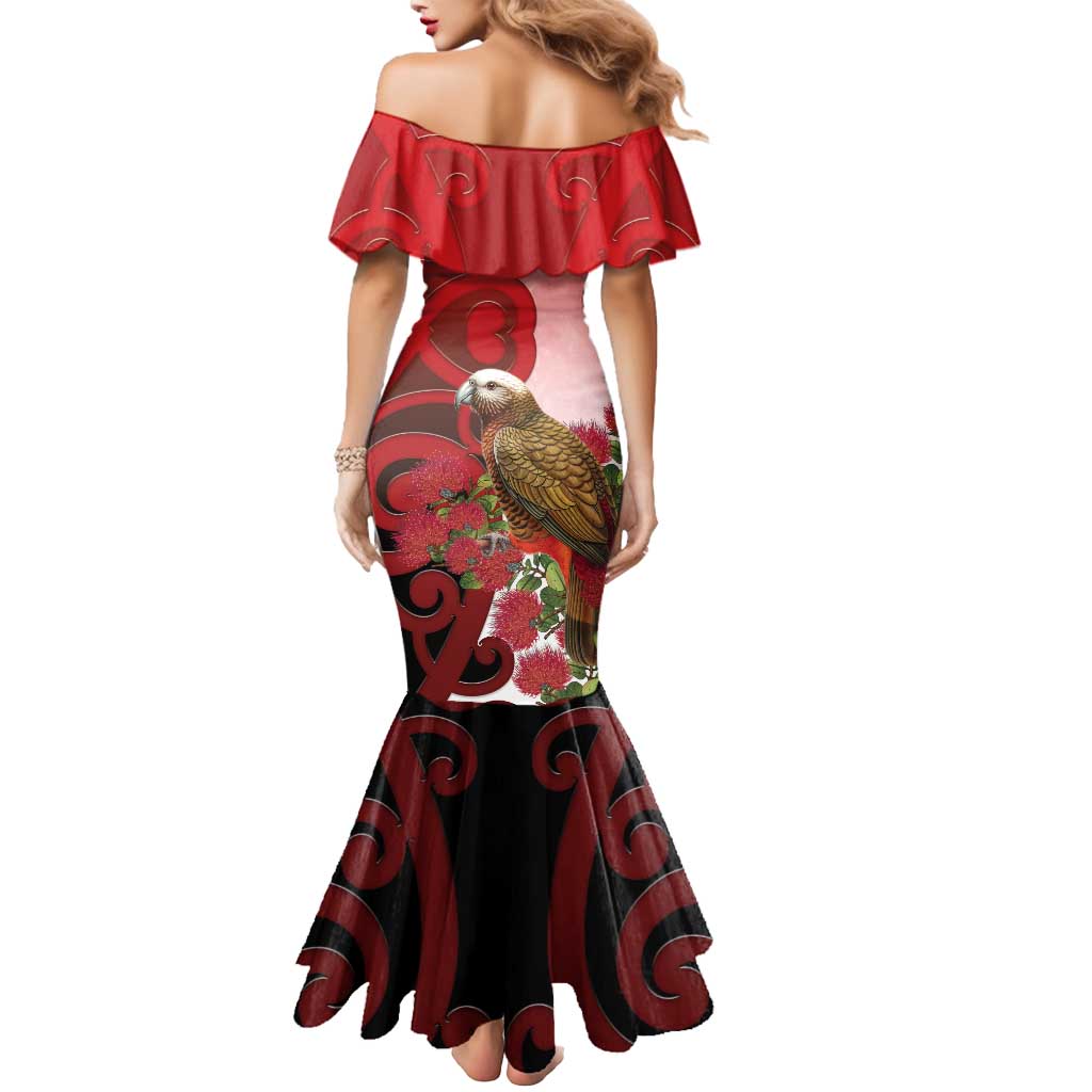 New Zealand Parrot Kaka Mermaid Dress Maori Koru With Pohutukawa Flowers - Aussie Hoodie