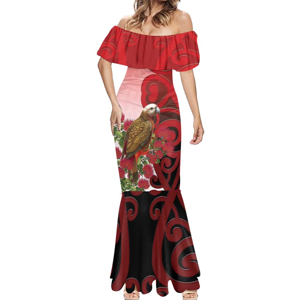 New Zealand Parrot Kaka Mermaid Dress Maori Koru With Pohutukawa Flowers - Aussie Hoodie