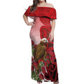 New Zealand Parrot Kaka Off Shoulder Maxi Dress Maori Koru With Pohutukawa Flowers - Aussie Hoodie