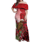 New Zealand Parrot Kaka Off Shoulder Maxi Dress Maori Koru With Pohutukawa Flowers - Aussie Hoodie