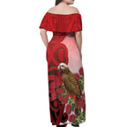 New Zealand Parrot Kaka Off Shoulder Maxi Dress Maori Koru With Pohutukawa Flowers - Aussie Hoodie