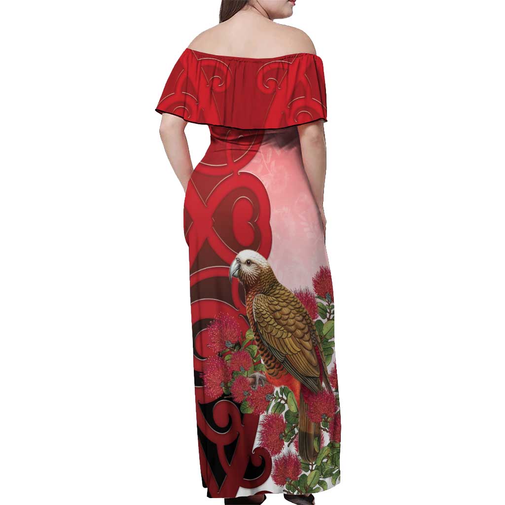 New Zealand Parrot Kaka Off Shoulder Maxi Dress Maori Koru With Pohutukawa Flowers - Aussie Hoodie