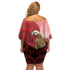 New Zealand Parrot Kaka Off Shoulder Short Dress Maori Koru With Pohutukawa Flowers - Aussie Hoodie