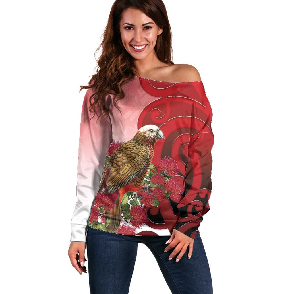 New Zealand Parrot Kaka Off Shoulder Sweater Maori Koru With Pohutukawa Flowers - Aussie Hoodie