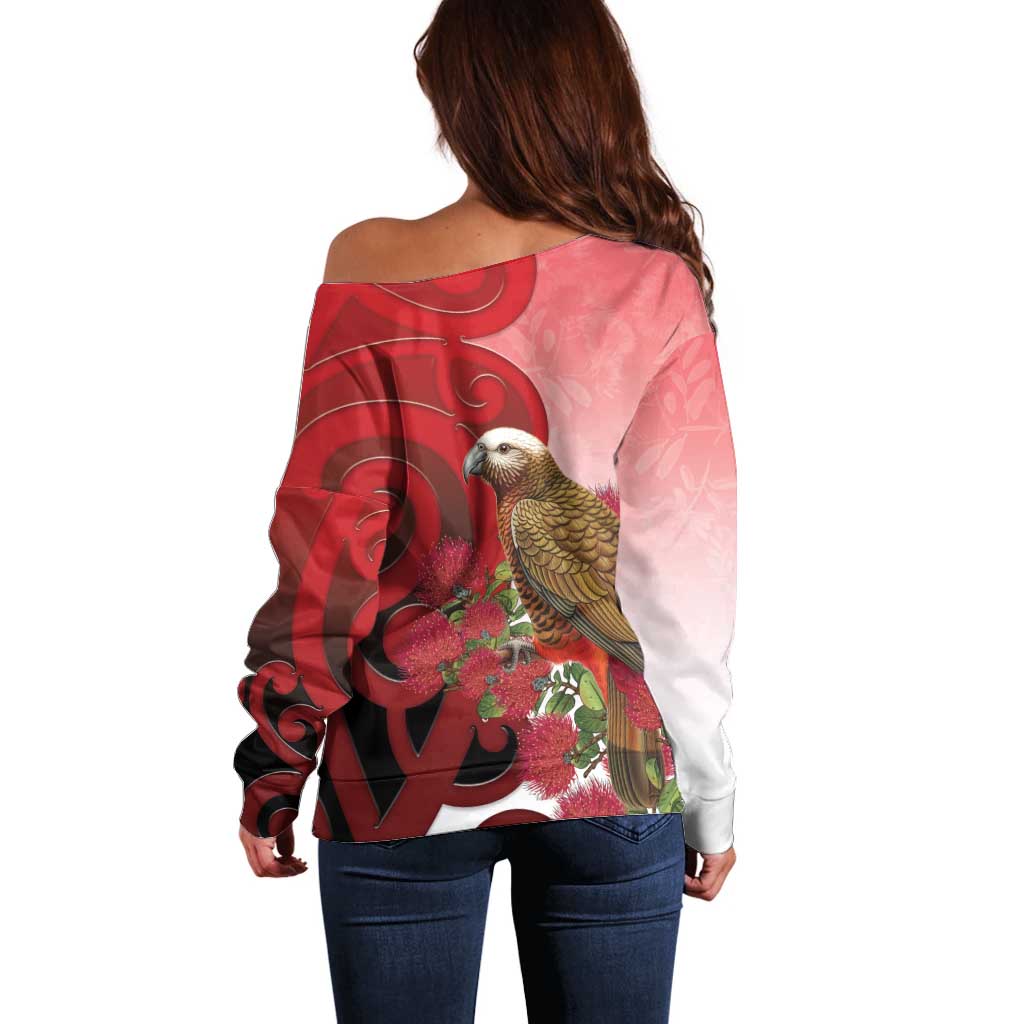 New Zealand Parrot Kaka Off Shoulder Sweater Maori Koru With Pohutukawa Flowers - Aussie Hoodie