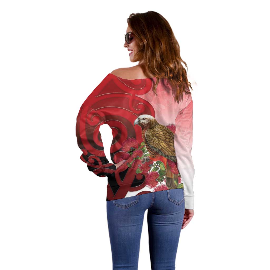 New Zealand Parrot Kaka Off Shoulder Sweater Maori Koru With Pohutukawa Flowers - Aussie Hoodie