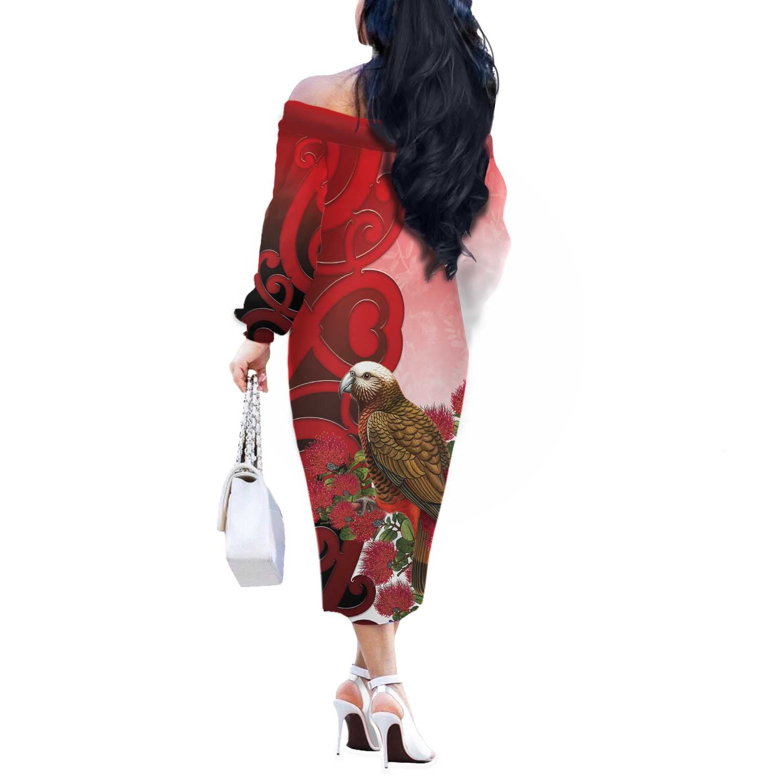 New Zealand Parrot Kaka Off The Shoulder Long Sleeve Dress Maori Koru With Pohutukawa Flowers - Aussie Hoodie