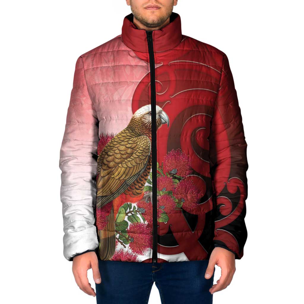 New Zealand Parrot Kaka Padded Jacket Maori Koru With Pohutukawa Flowers - Aussie Hoodie