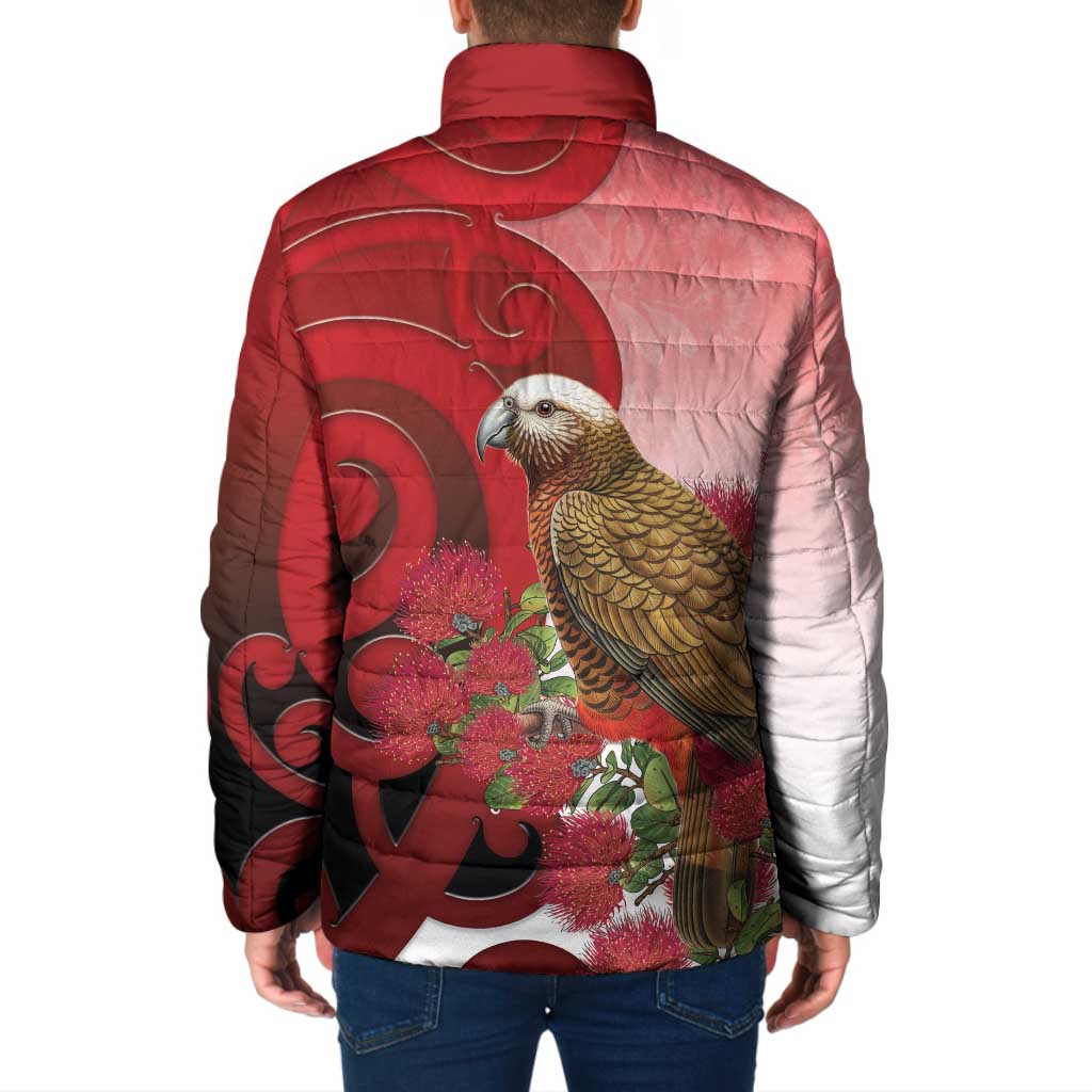 New Zealand Parrot Kaka Padded Jacket Maori Koru With Pohutukawa Flowers - Aussie Hoodie