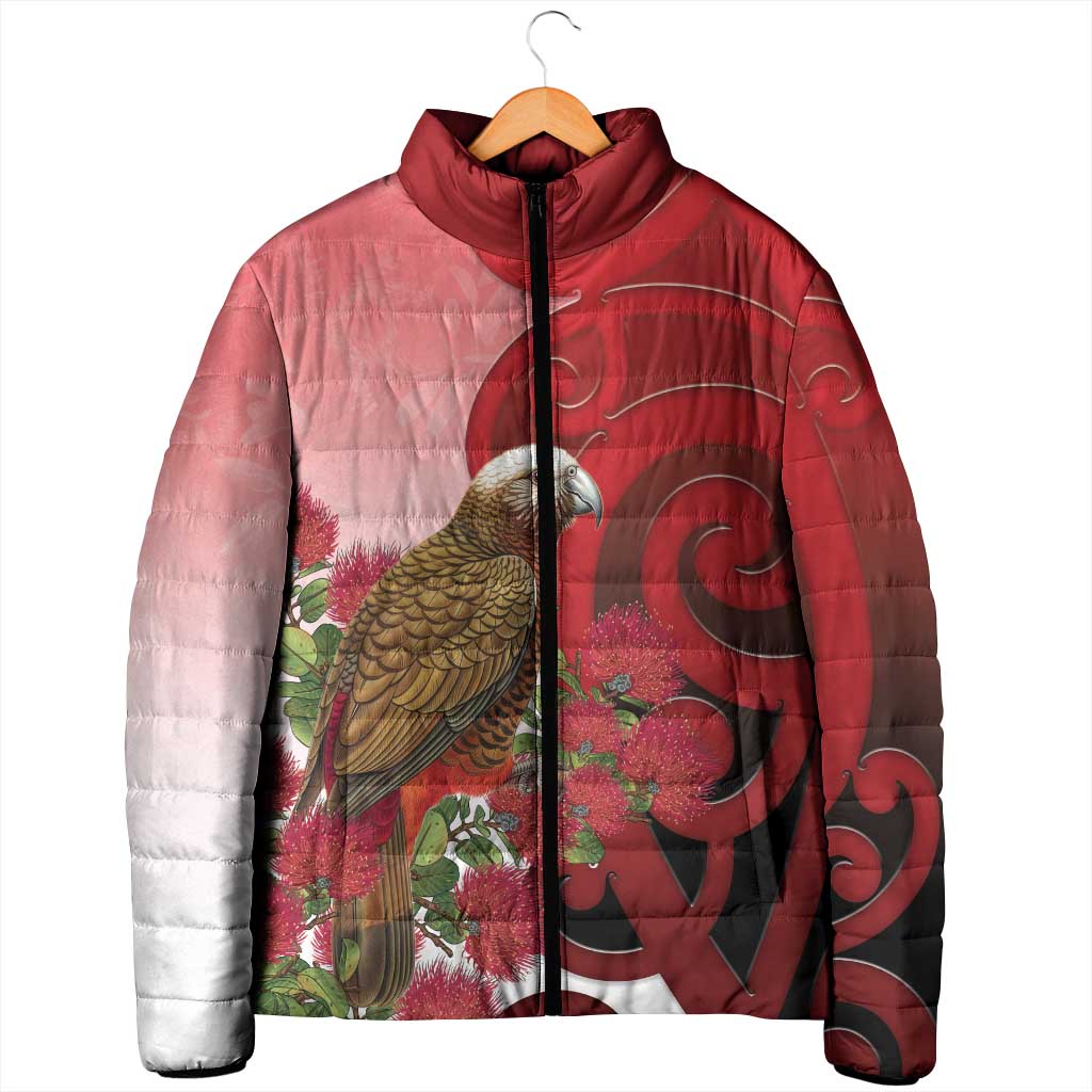 New Zealand Parrot Kaka Padded Jacket Maori Koru With Pohutukawa Flowers - Aussie Hoodie