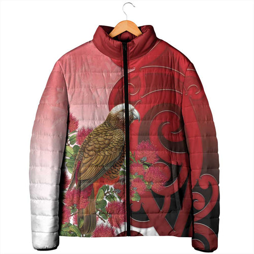 New Zealand Parrot Kaka Padded Jacket Maori Koru With Pohutukawa Flowers - Aussie Hoodie