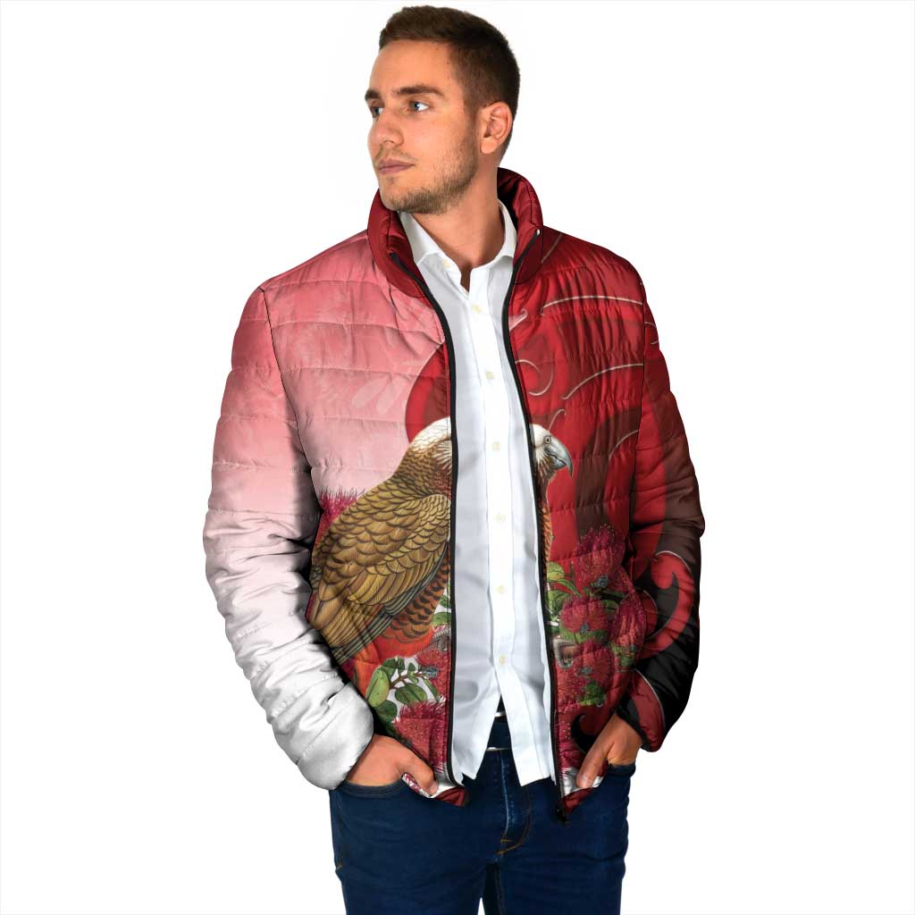 New Zealand Parrot Kaka Padded Jacket Maori Koru With Pohutukawa Flowers - Aussie Hoodie