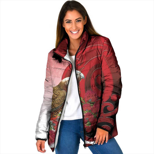 New Zealand Parrot Kaka Padded Jacket Maori Koru With Pohutukawa Flowers - Aussie Hoodie