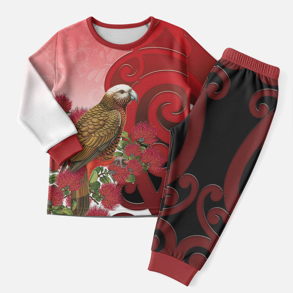 New Zealand Parrot Kaka Christmas Pajama Set Maori Koru With Pohutukawa Flowers