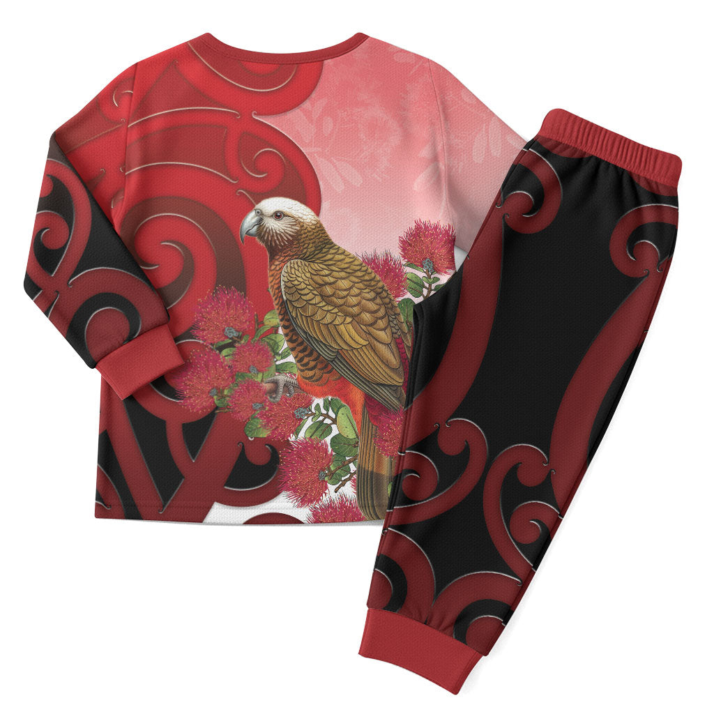 New Zealand Parrot Kaka Christmas Pajama Set Maori Koru With Pohutukawa Flowers