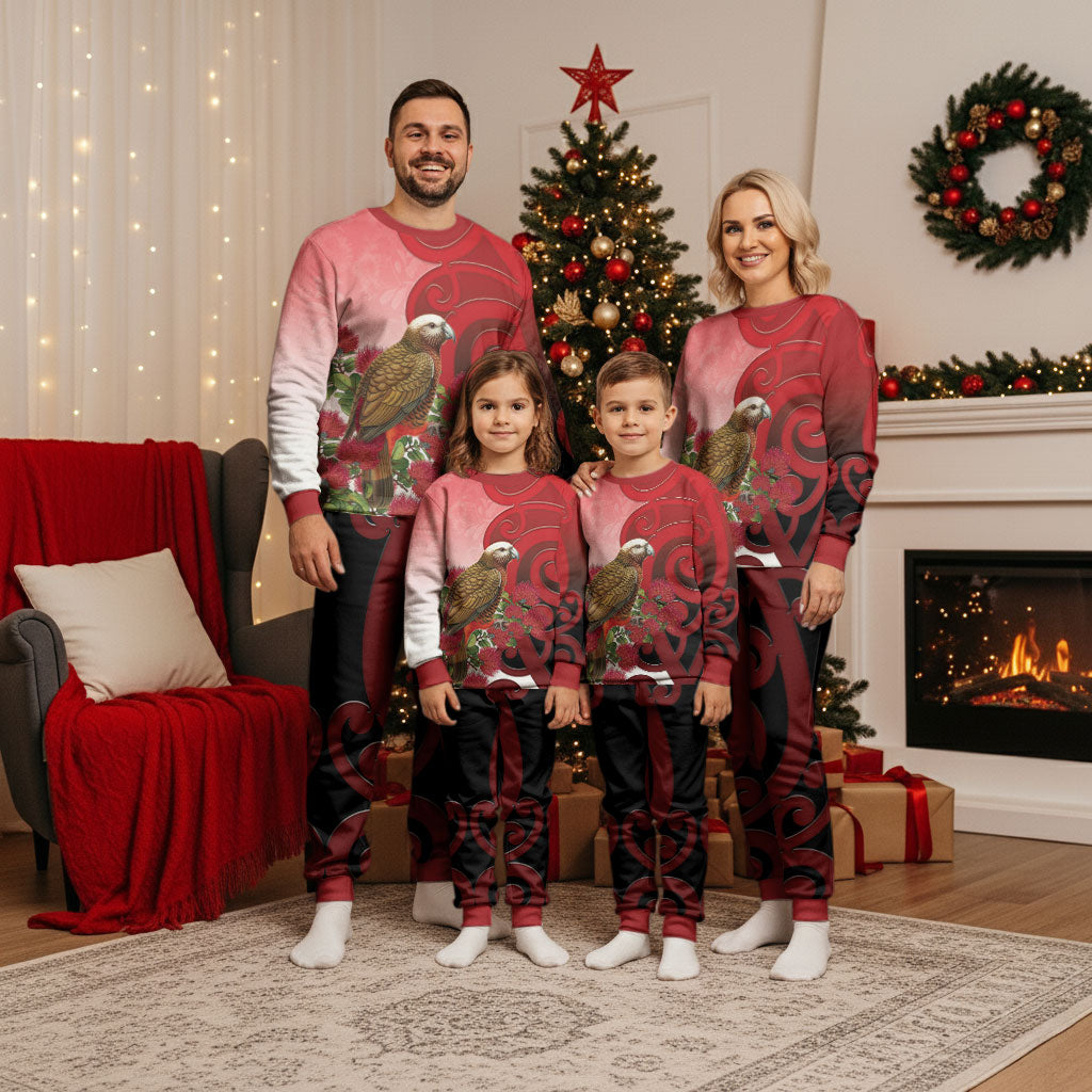 New Zealand Parrot Kaka Christmas Pajama Set Maori Koru With Pohutukawa Flowers