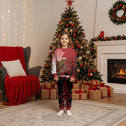 New Zealand Parrot Kaka Christmas Pajama Set Maori Koru With Pohutukawa Flowers