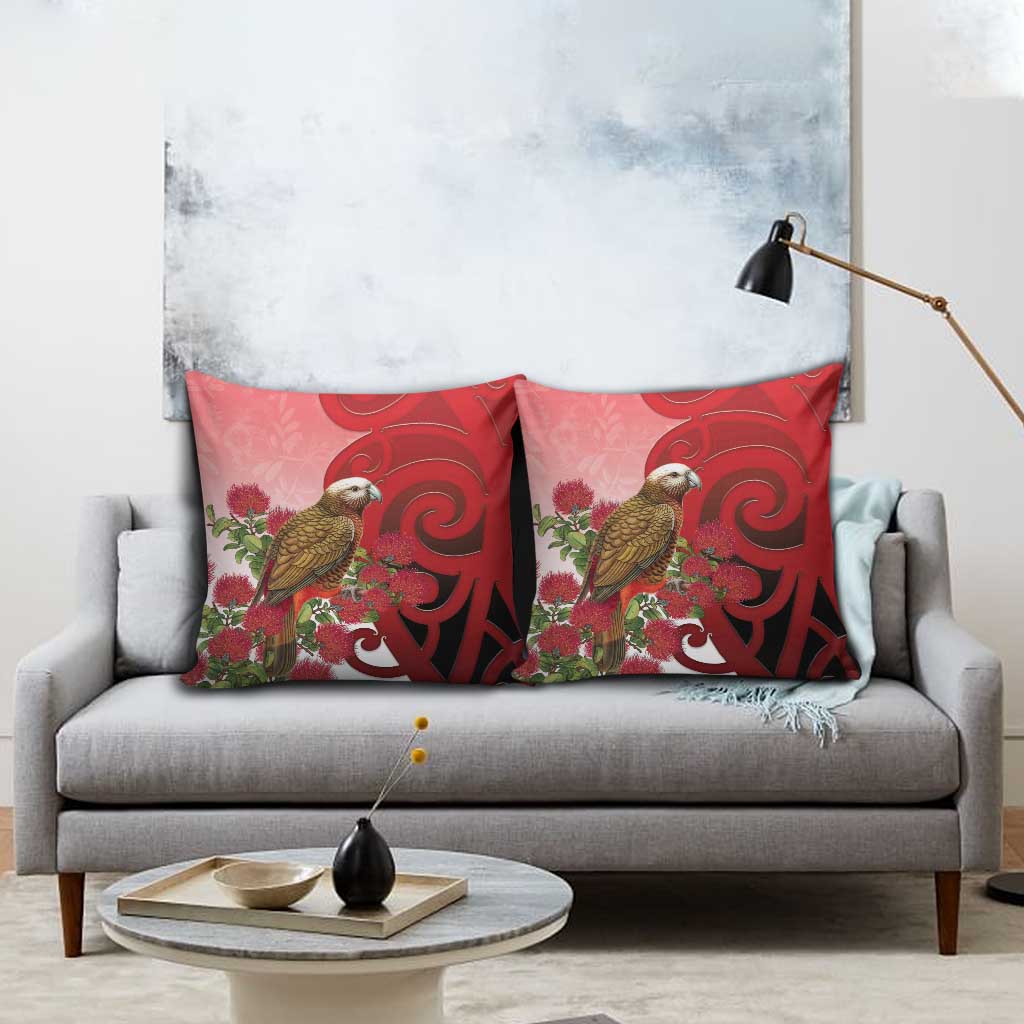 New Zealand Parrot Kaka Pillow Cover Maori Koru With Pohutukawa Flowers - Aussie Hoodie