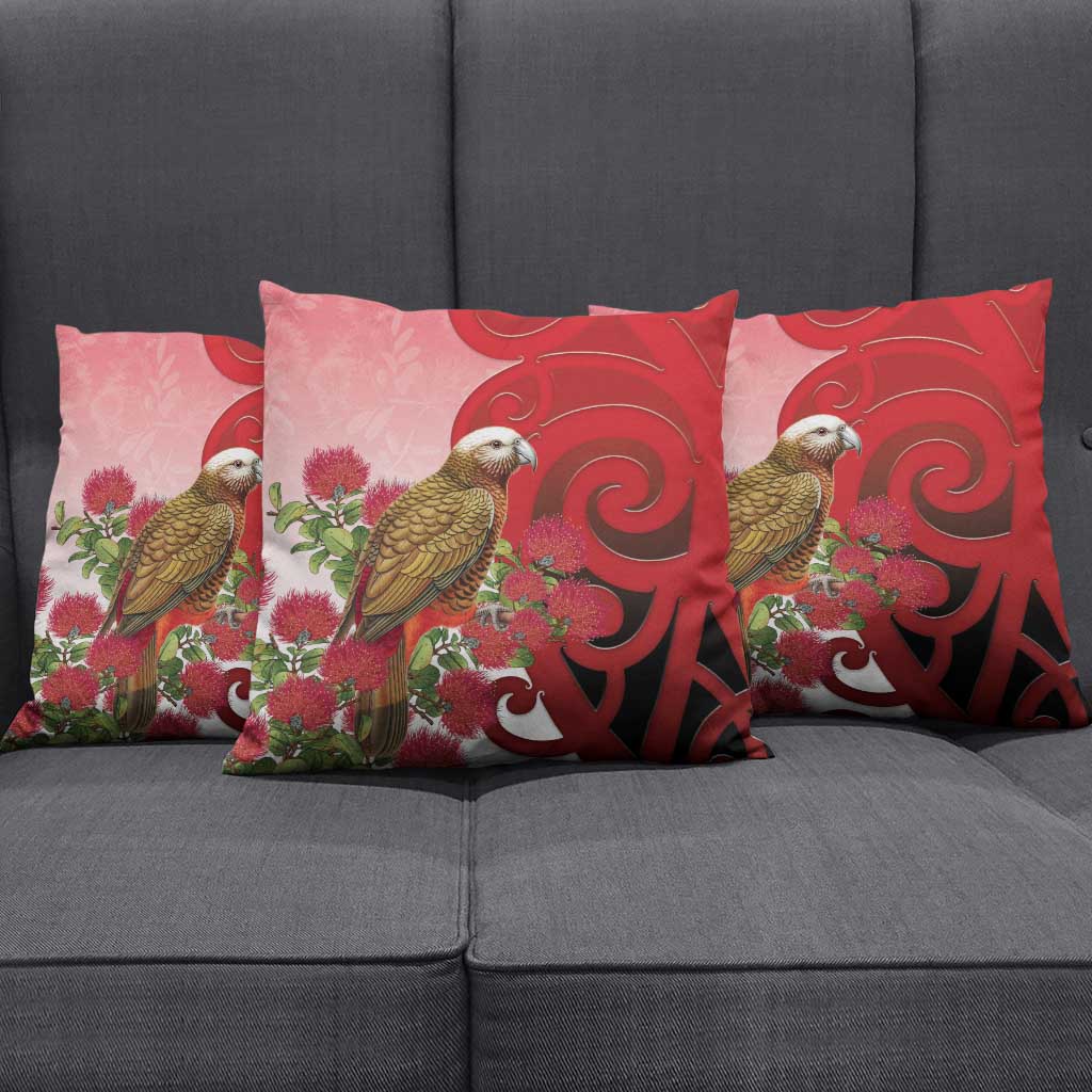 New Zealand Parrot Kaka Pillow Cover Maori Koru With Pohutukawa Flowers - Aussie Hoodie