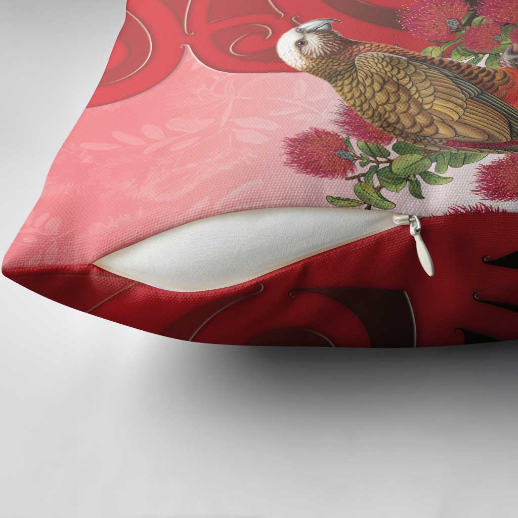 New Zealand Parrot Kaka Pillow Cover Maori Koru With Pohutukawa Flowers - Aussie Hoodie
