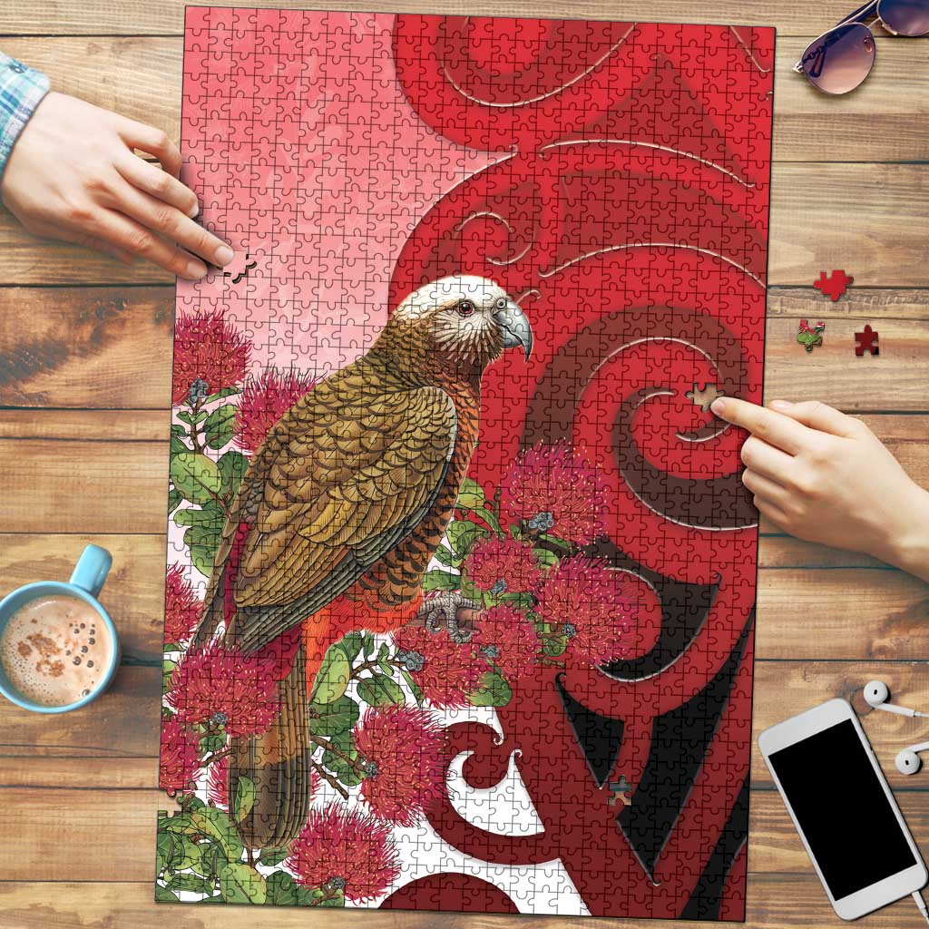 New Zealand Parrot Kaka Puzzle Maori Koru With Pohutukawa Flowers - Aussie Hoodie