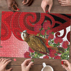 New Zealand Parrot Kaka Puzzle Maori Koru With Pohutukawa Flowers - Aussie Hoodie
