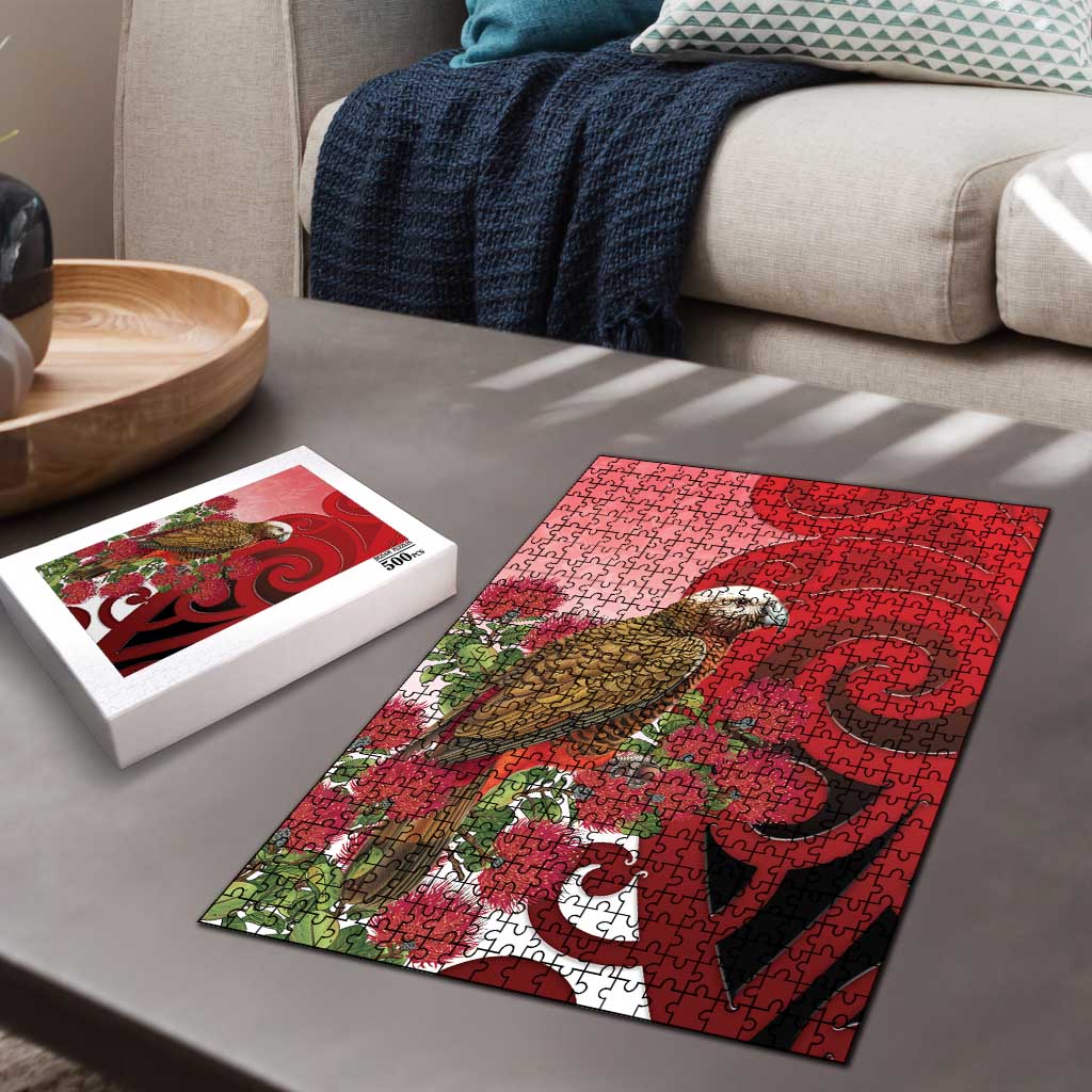 New Zealand Parrot Kaka Puzzle Maori Koru With Pohutukawa Flowers - Aussie Hoodie