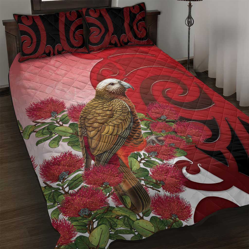 New Zealand Parrot Kaka Quilt Bed Set Maori Koru With Pohutukawa Flowers - Aussie Hoodie