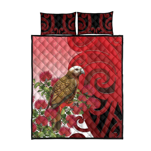 New Zealand Parrot Kaka Quilt Bed Set Maori Koru With Pohutukawa Flowers - Aussie Hoodie
