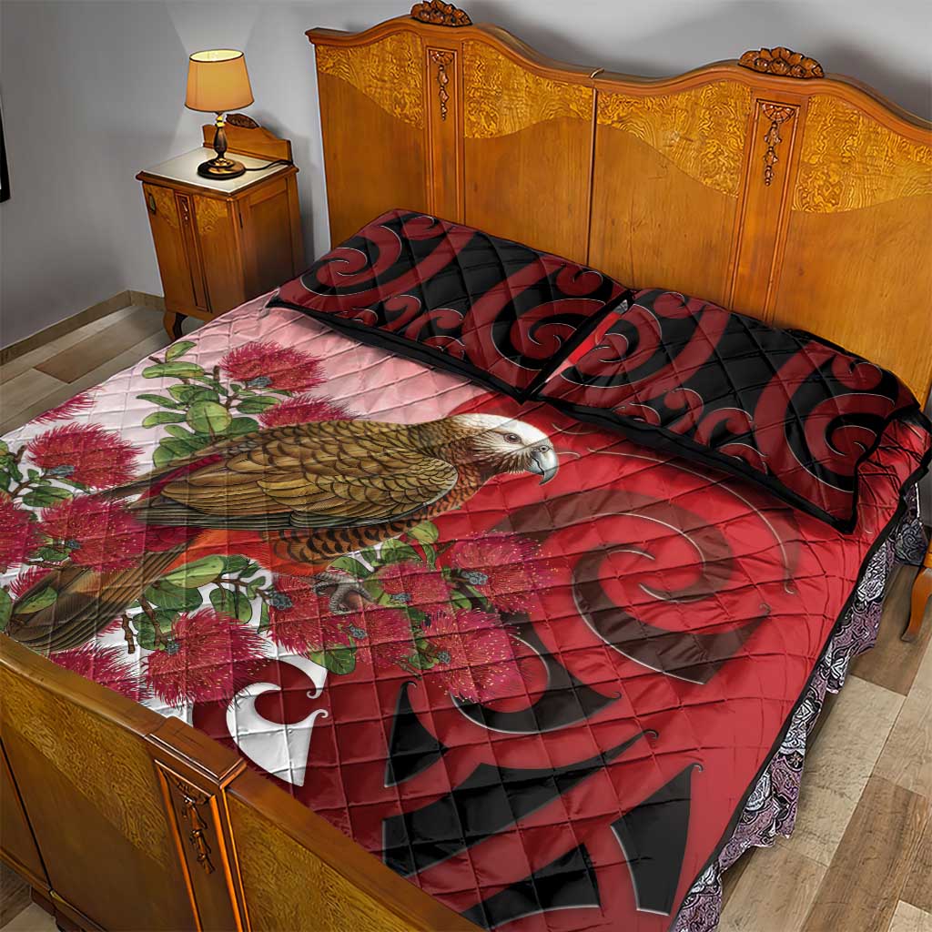 New Zealand Parrot Kaka Quilt Bed Set Maori Koru With Pohutukawa Flowers - Aussie Hoodie