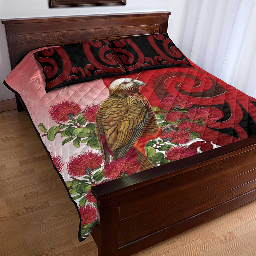 New Zealand Parrot Kaka Quilt Bed Set Maori Koru With Pohutukawa Flowers - Aussie Hoodie