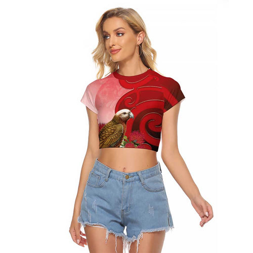New Zealand Parrot Kaka Raglan Cropped T Shirt Maori Koru With Pohutukawa Flowers - Aussie Hoodie