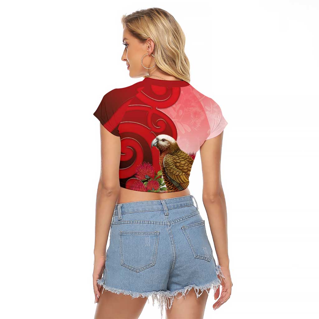 New Zealand Parrot Kaka Raglan Cropped T Shirt Maori Koru With Pohutukawa Flowers - Aussie Hoodie