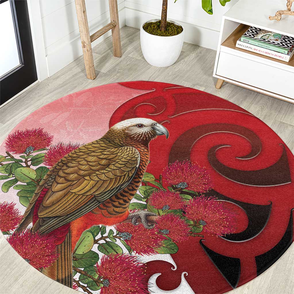 New Zealand Parrot Kaka Round Carpet Maori Koru With Pohutukawa Flowers - Aussie Hoodie