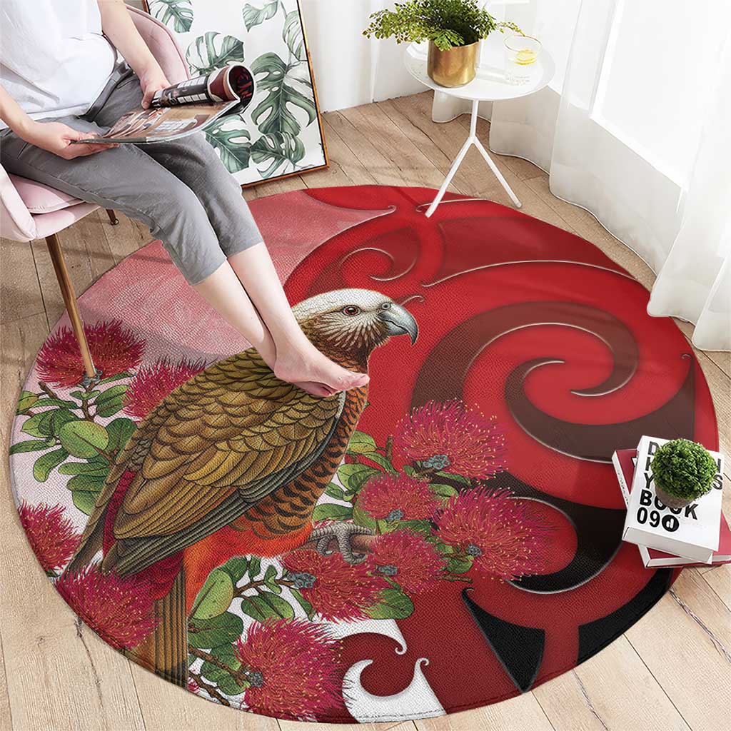 New Zealand Parrot Kaka Round Carpet Maori Koru With Pohutukawa Flowers - Aussie Hoodie